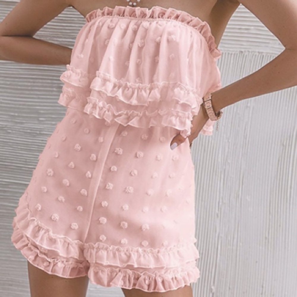 Swiss Dot Ruffle Hem Pink Romper Strapless